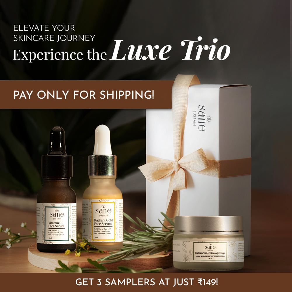 Image of Sane Sustain's Sampler Set, featuring Radiant Gold Serum, Underarm Lightening Cream, and Vitamin C Serum in 5ml sizes, showcasing the variety and quality of skincare products offered.