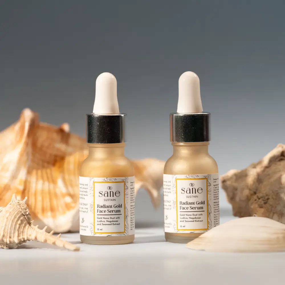 
                  
                    Image of Sane Sustain's Radiant Gold Face Serum, 15ml - luxurious blend with Gold Nano Dust, Lodhra, Nagakesar, and Seaweed Extract for radiant skin.
                  
                
