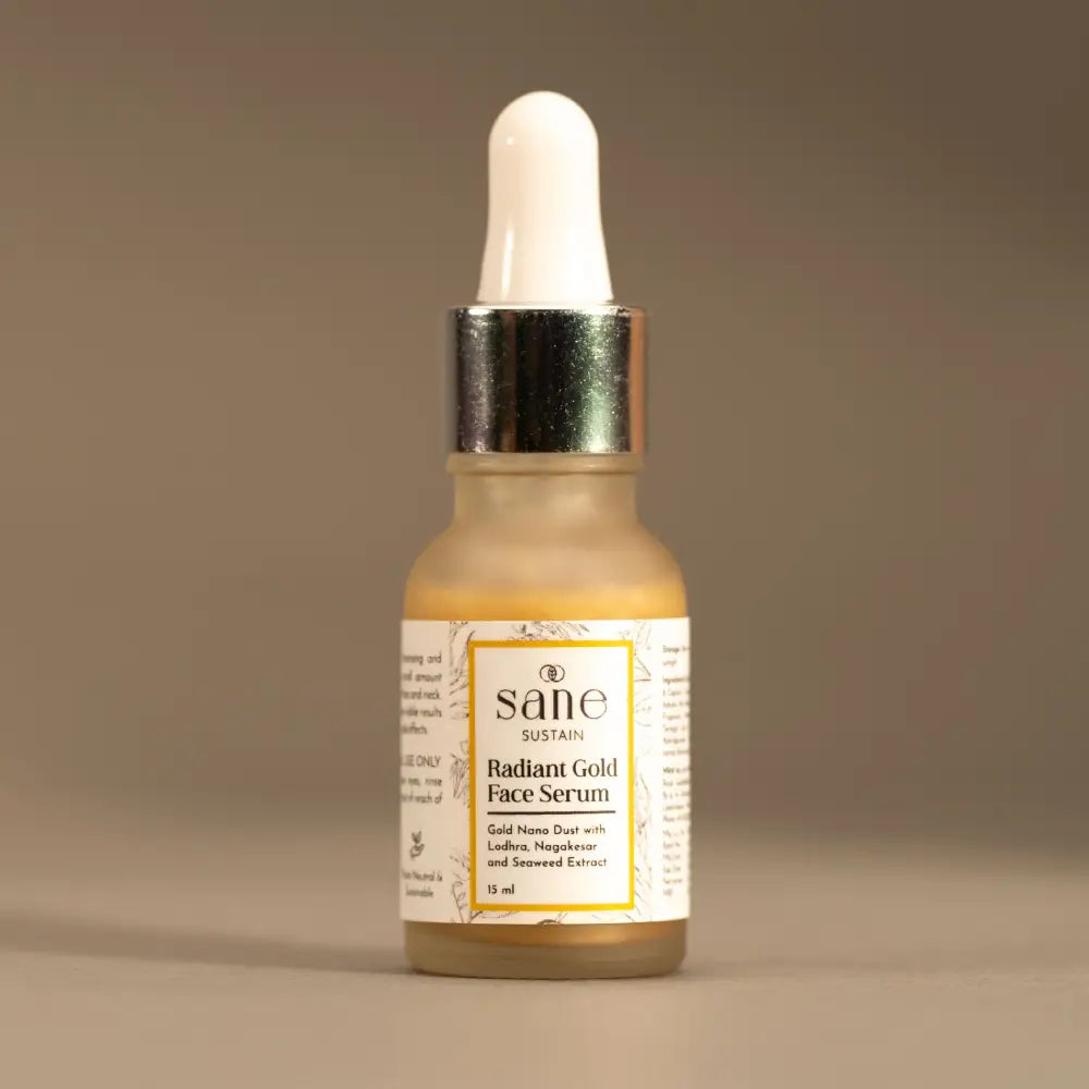 Image of Sane Sustain's Radiant Gold Face Serum, 15ml - luxurious blend with Gold Nano Dust, Lodhra, Nagakesar, and Seaweed Extract for radiant skin.